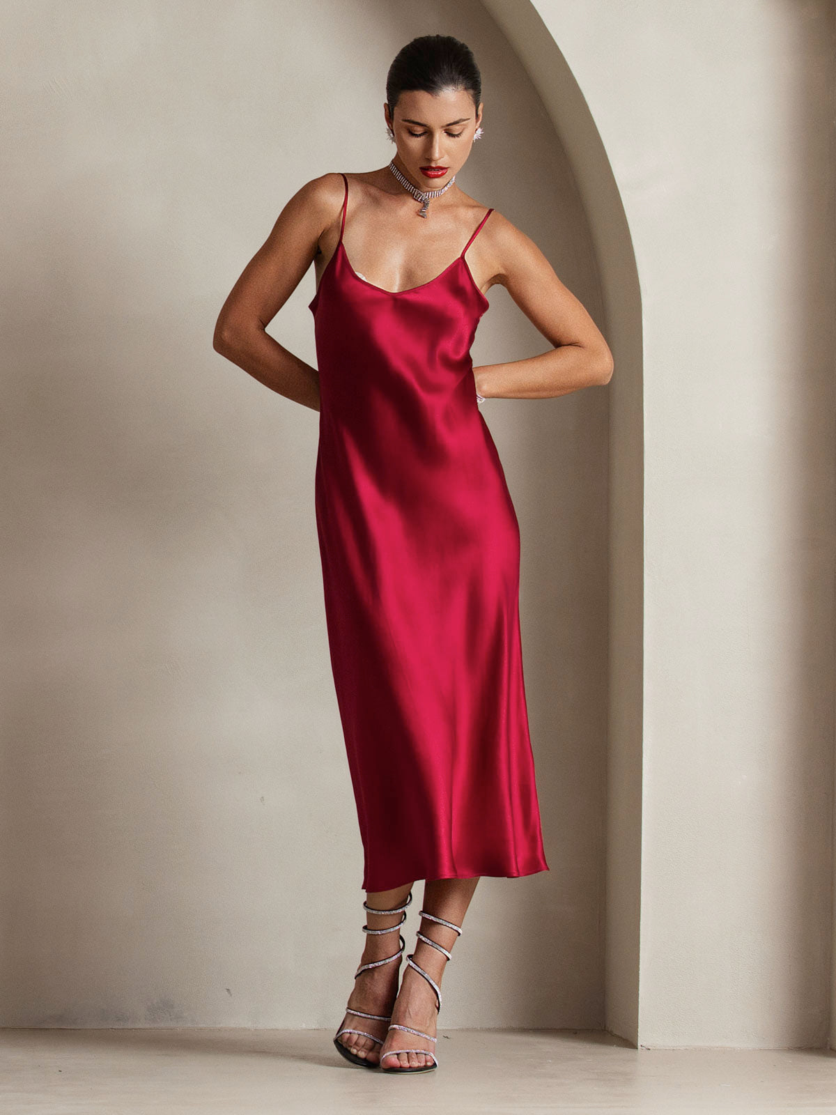 [Wine] SilkSilky Pure Silk Sleeveless Round Neck Dress 003