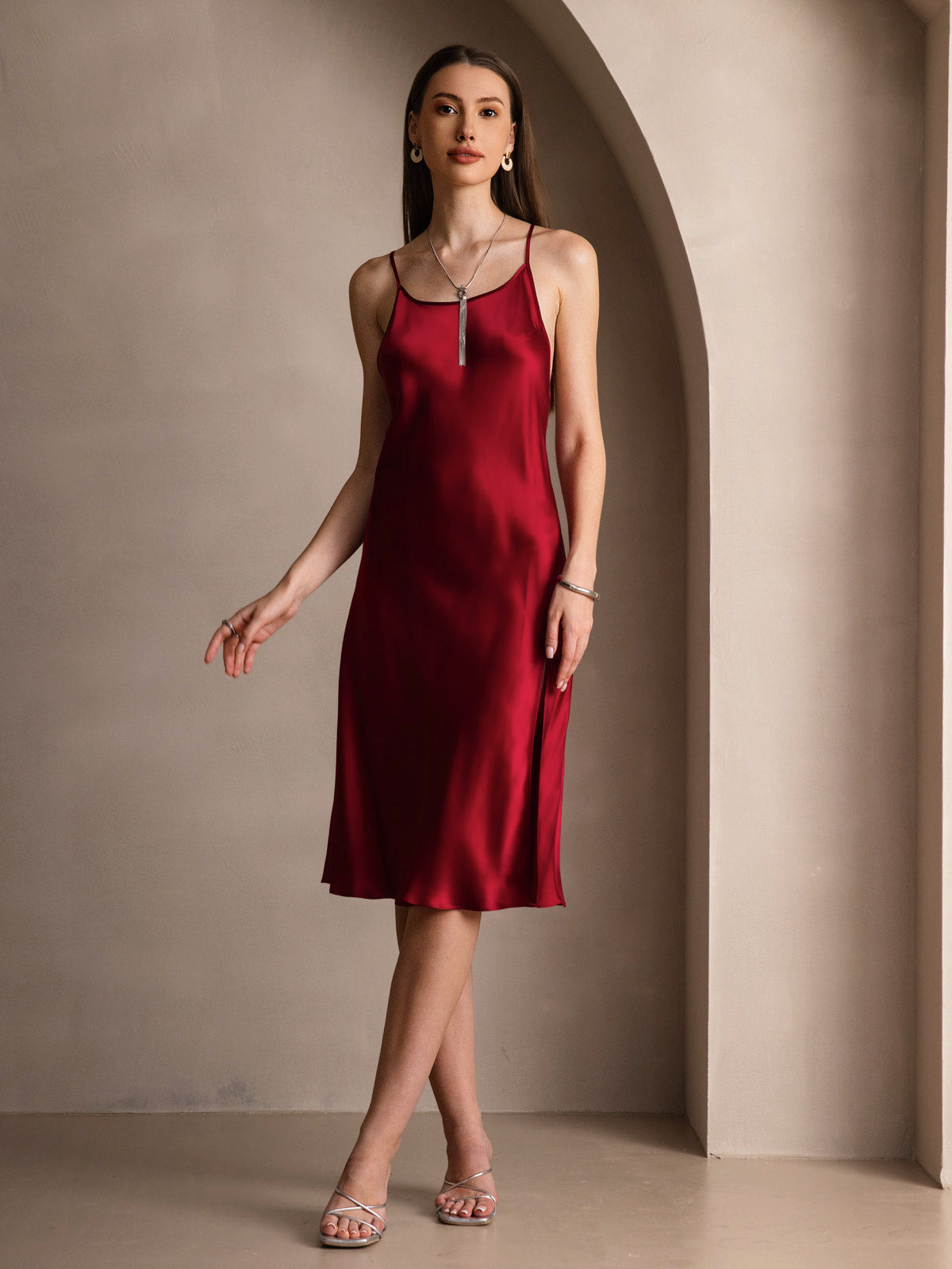 [Wine] SilkSilky Pure Silk Sleeveless Round Neck Dress 005
