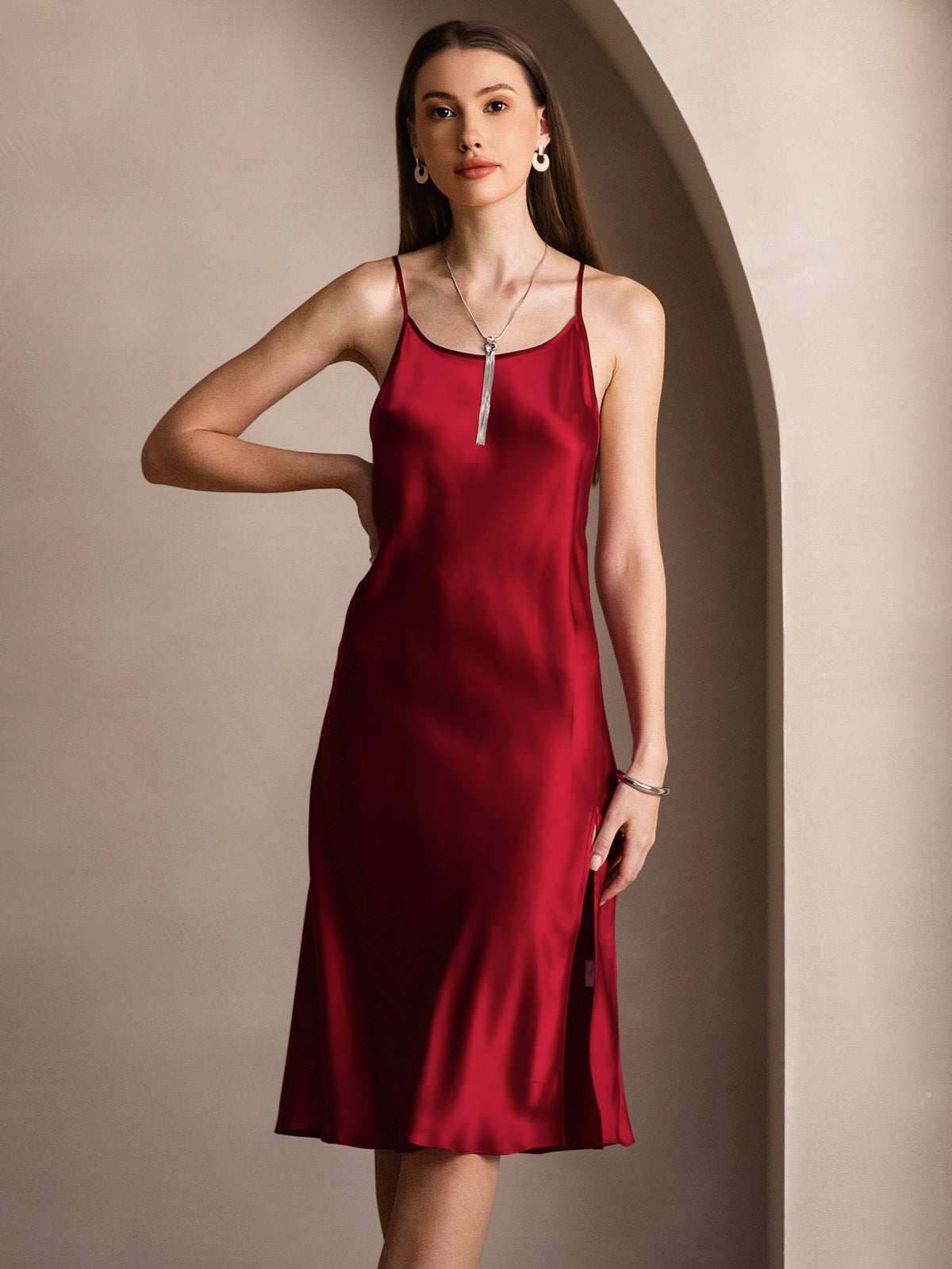 [Wine] SilkSilky Pure Silk Sleeveless Round Neck Dress 006