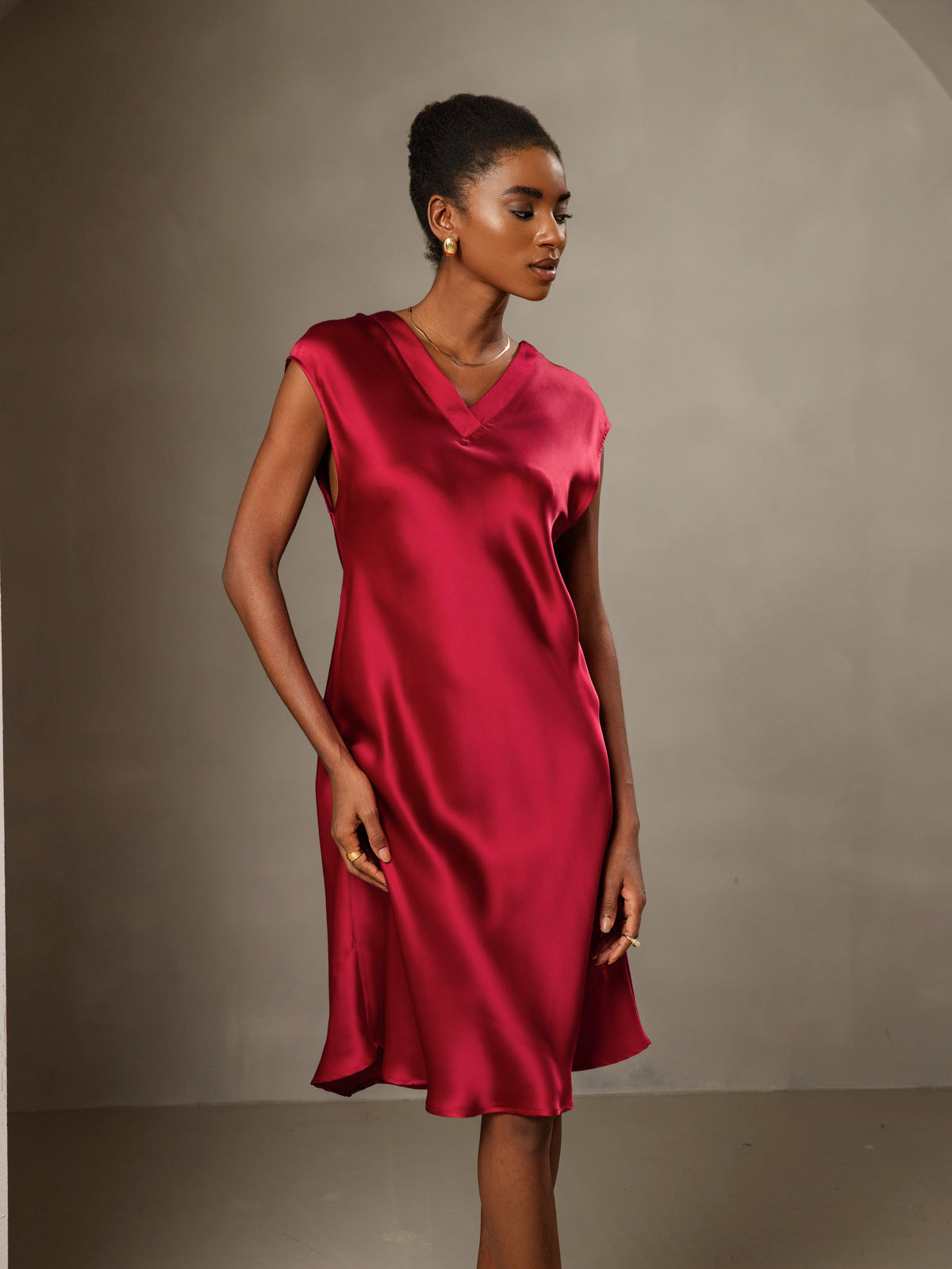 [Wine] SilkSilky Pure Silk Sleeveless V Neck Dress 001