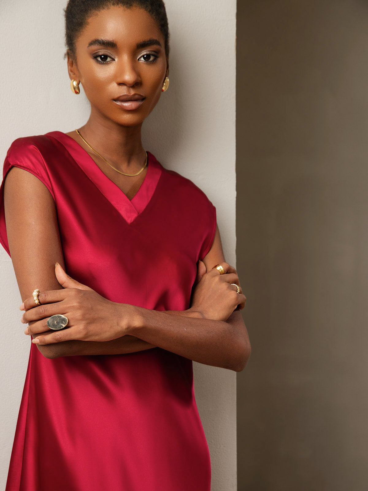 [Wine] SilkSilky Pure Silk Sleeveless V Neck Dress 003