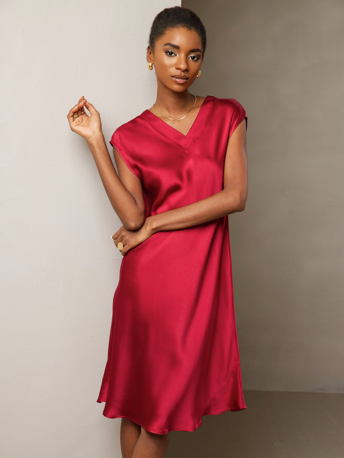 [Wine] SilkSilky Pure Silk Sleeveless V Neck Dress 004