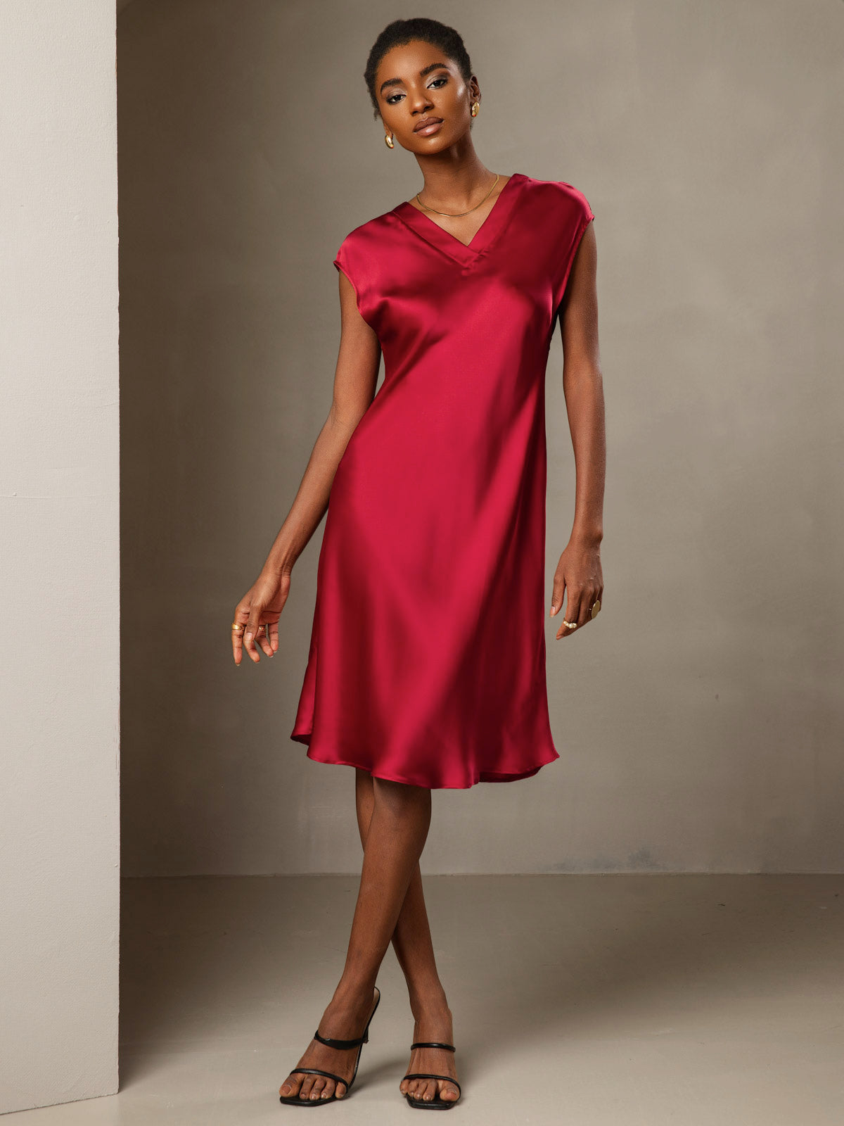 [Wine] SilkSilky Pure Silk Sleeveless V Neck Dress 005
