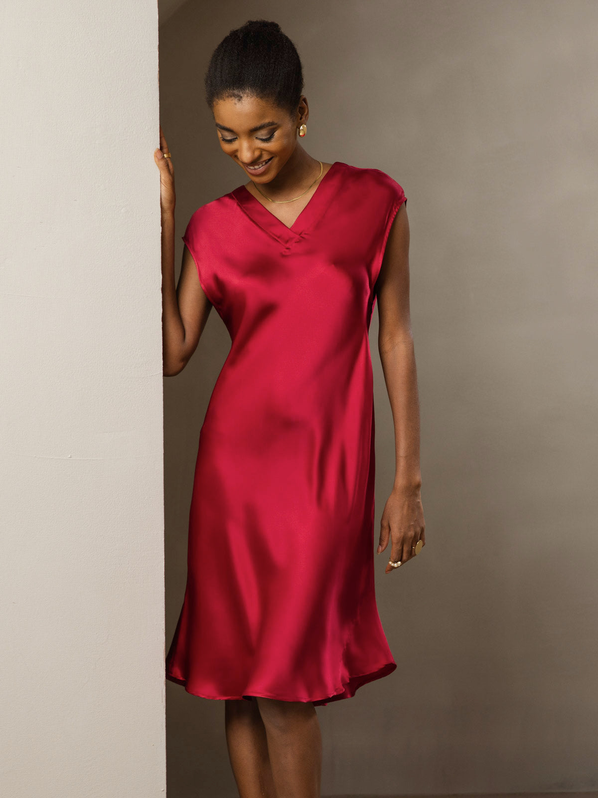 [Wine] SilkSilky Pure Silk Sleeveless V Neck Dress 007