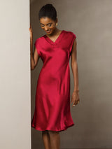 [Wine] SilkSilky  Cap Sleeve V Neck Dress 007
