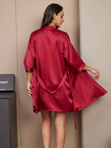 [Wine] SilkSilky  3/4 Sleeve V Neck Women's Pajamas 002