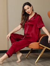 [Wine] SilkSilky  Short Sleeve Notch Collar Women's Pajamas 003