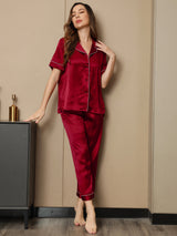 [Wine] SilkSilky  Short Sleeve Notch Collar Women's Pajamas 005