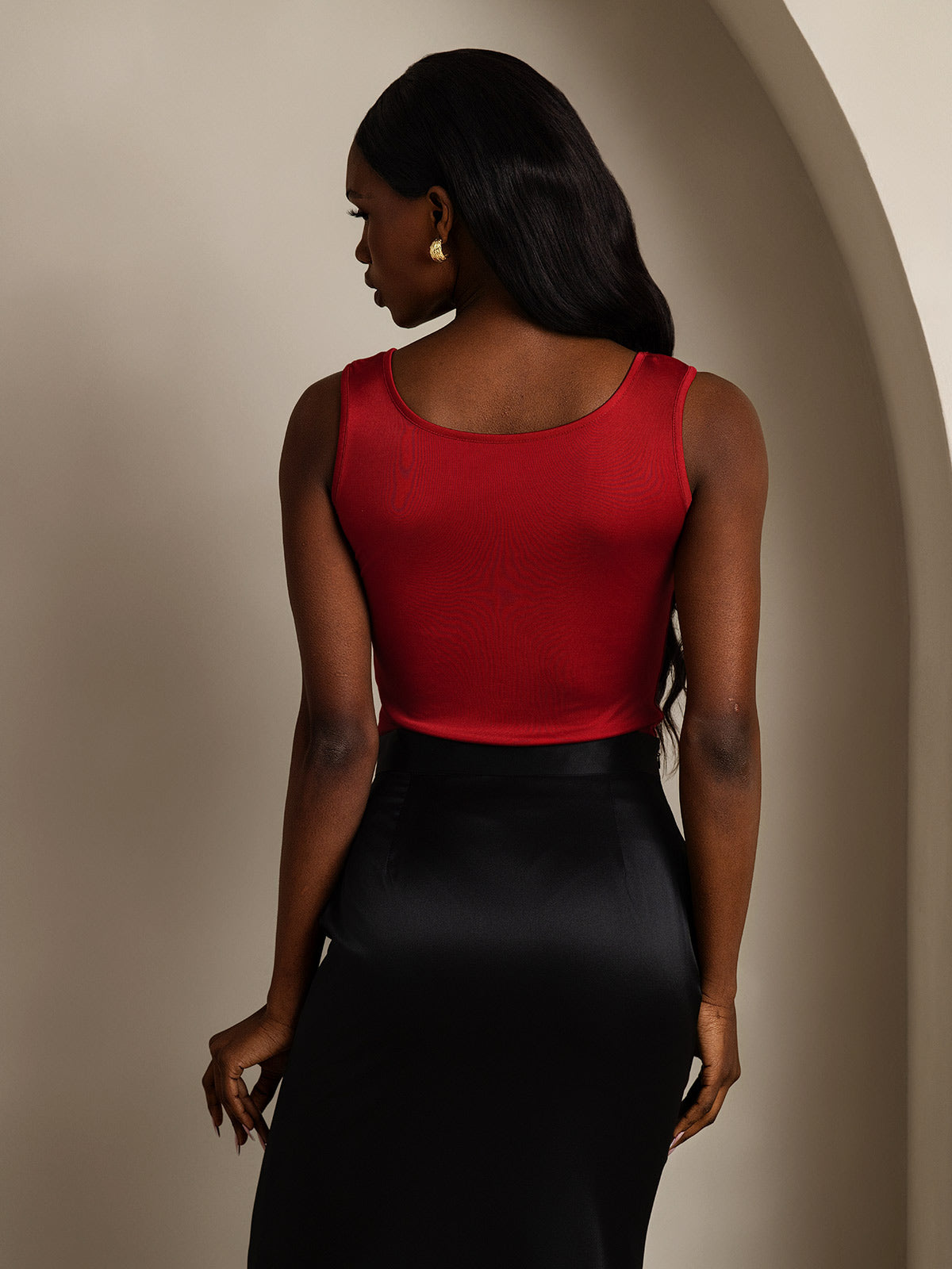 [Wine] SilkSilky Silk Knitted Sleeveless Round Neck Women's T-Shirt 002