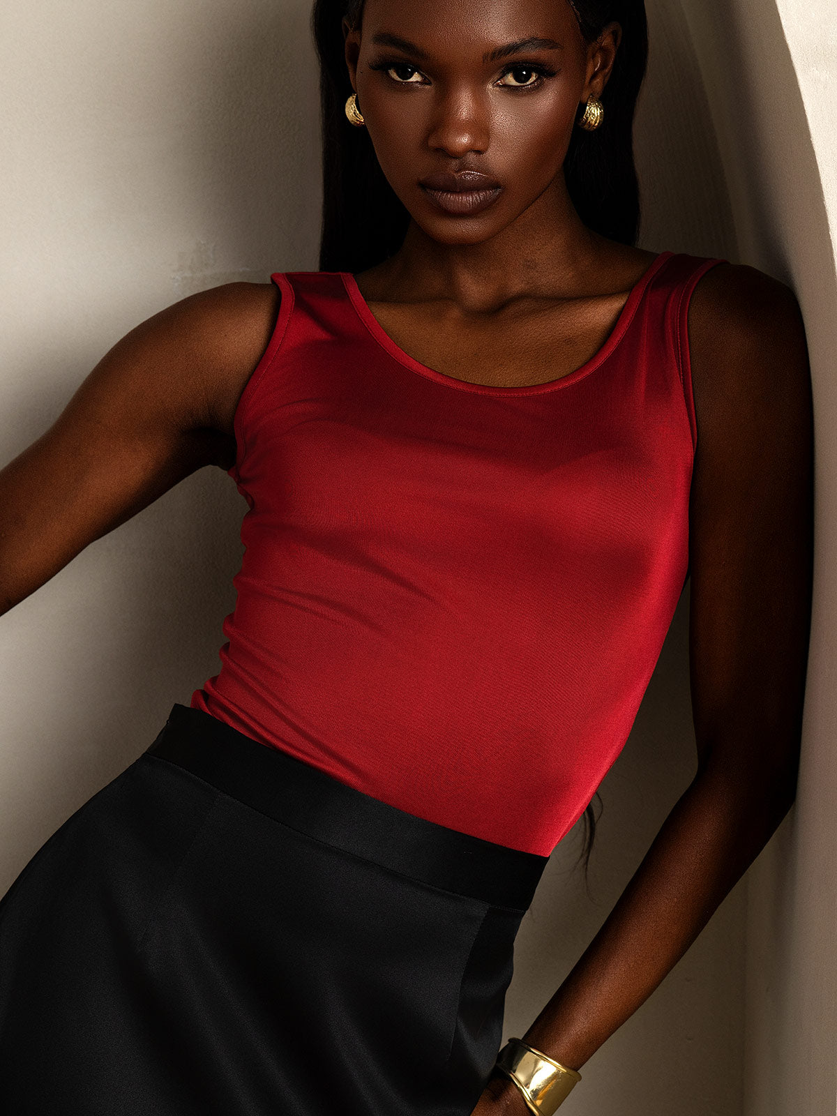 [Wine] SilkSilky Silk Knitted Sleeveless Round Neck Women's T-Shirt 003