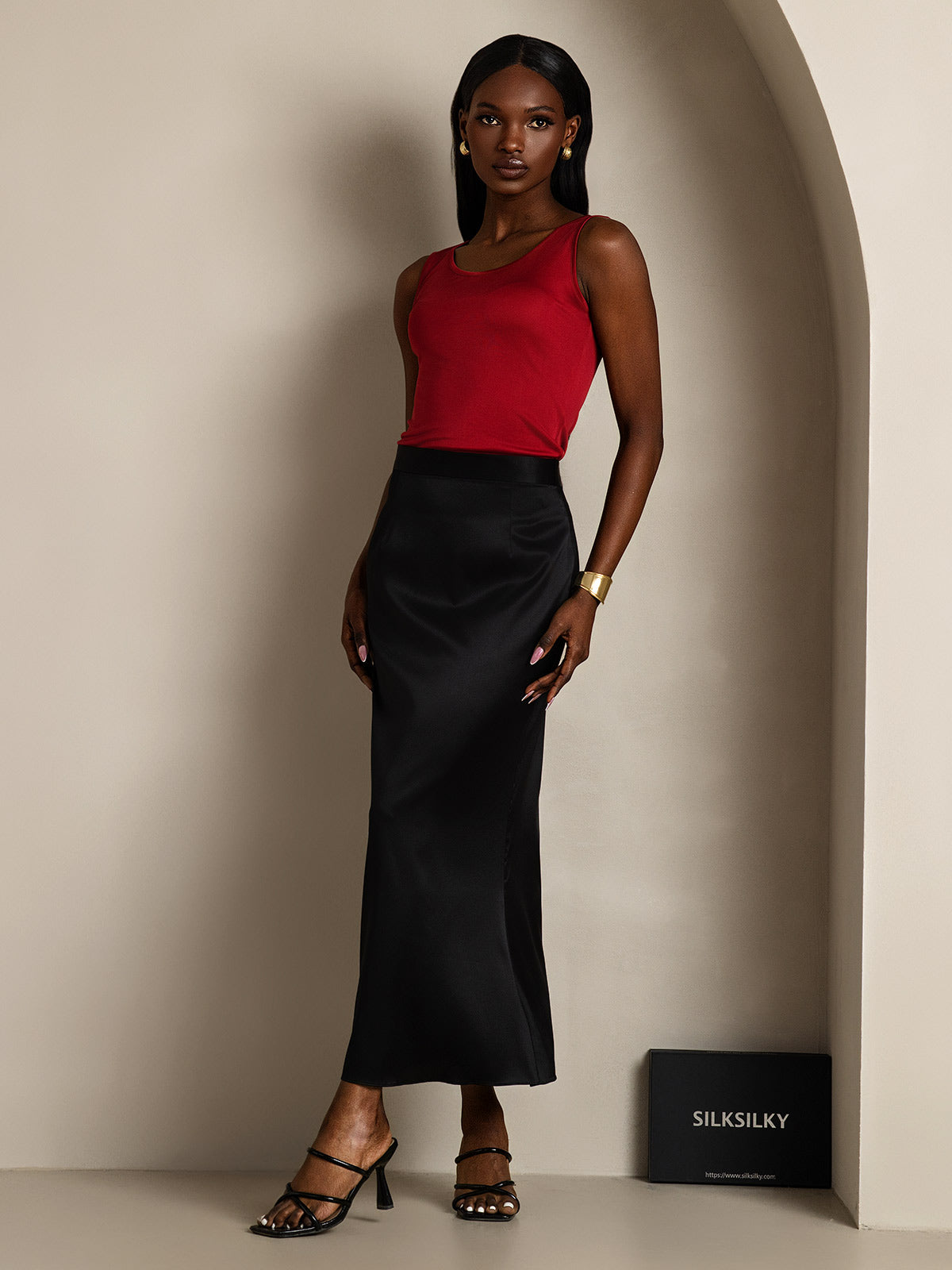 [Wine] SilkSilky Silk Knitted Sleeveless Round Neck Women's T-Shirt 007