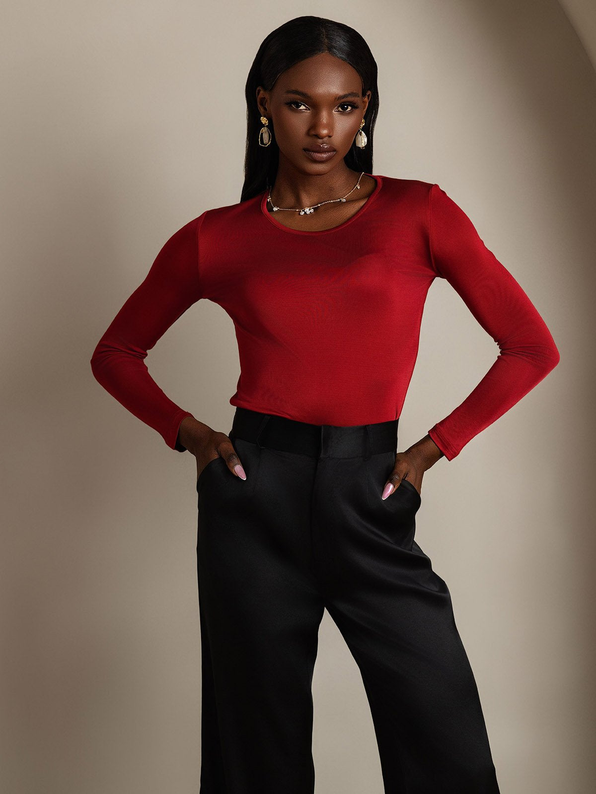 [Wine] SilkSilky Silk Long Sleeve Round Neck Women's T-Shirt 001