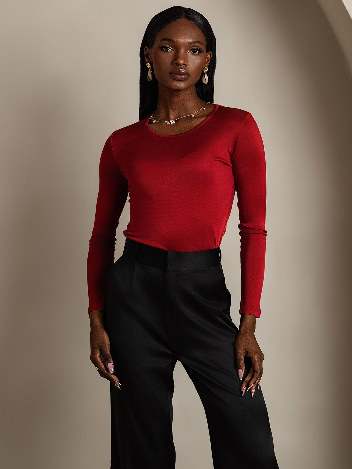 [Wine] SilkSilky Silk Long Sleeve Round Neck Women's T-Shirt 003
