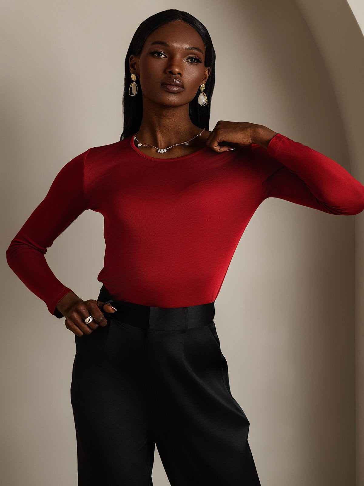 [Wine] SilkSilky Silk Long Sleeve Round Neck Women's T-Shirt 004