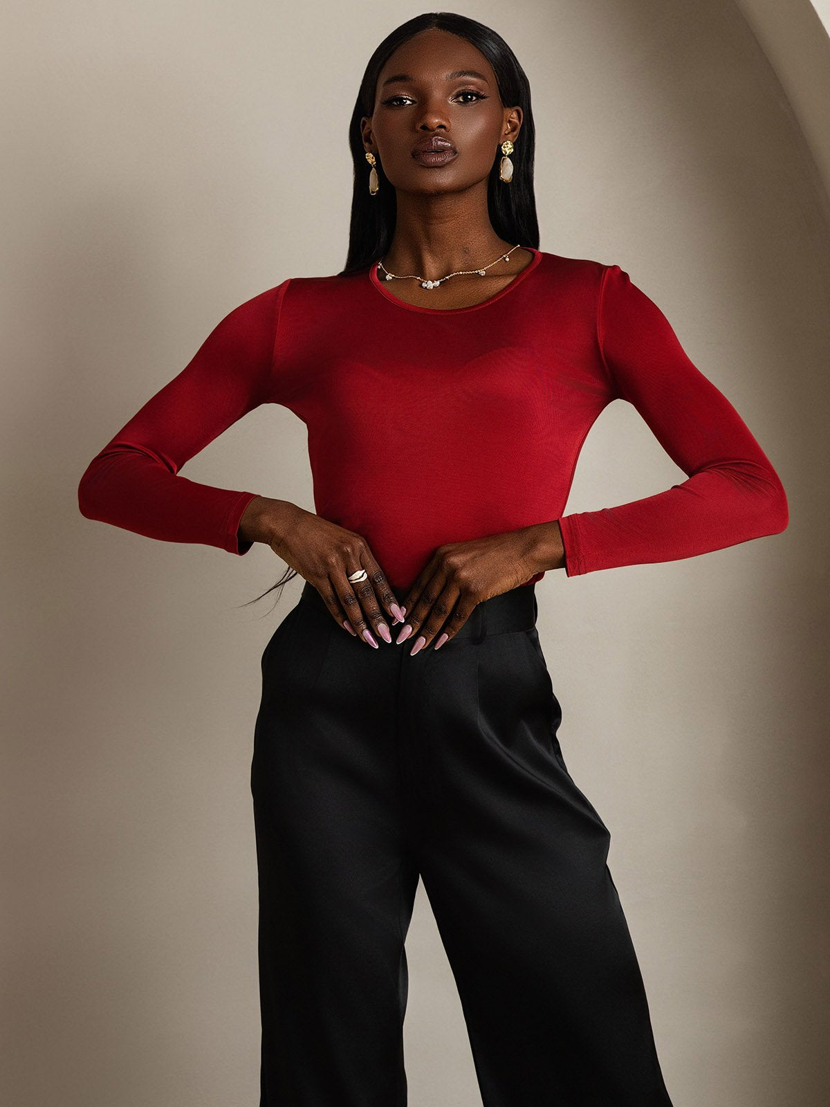 [Wine] SilkSilky Silk Long Sleeve Round Neck Women's T-Shirt 005