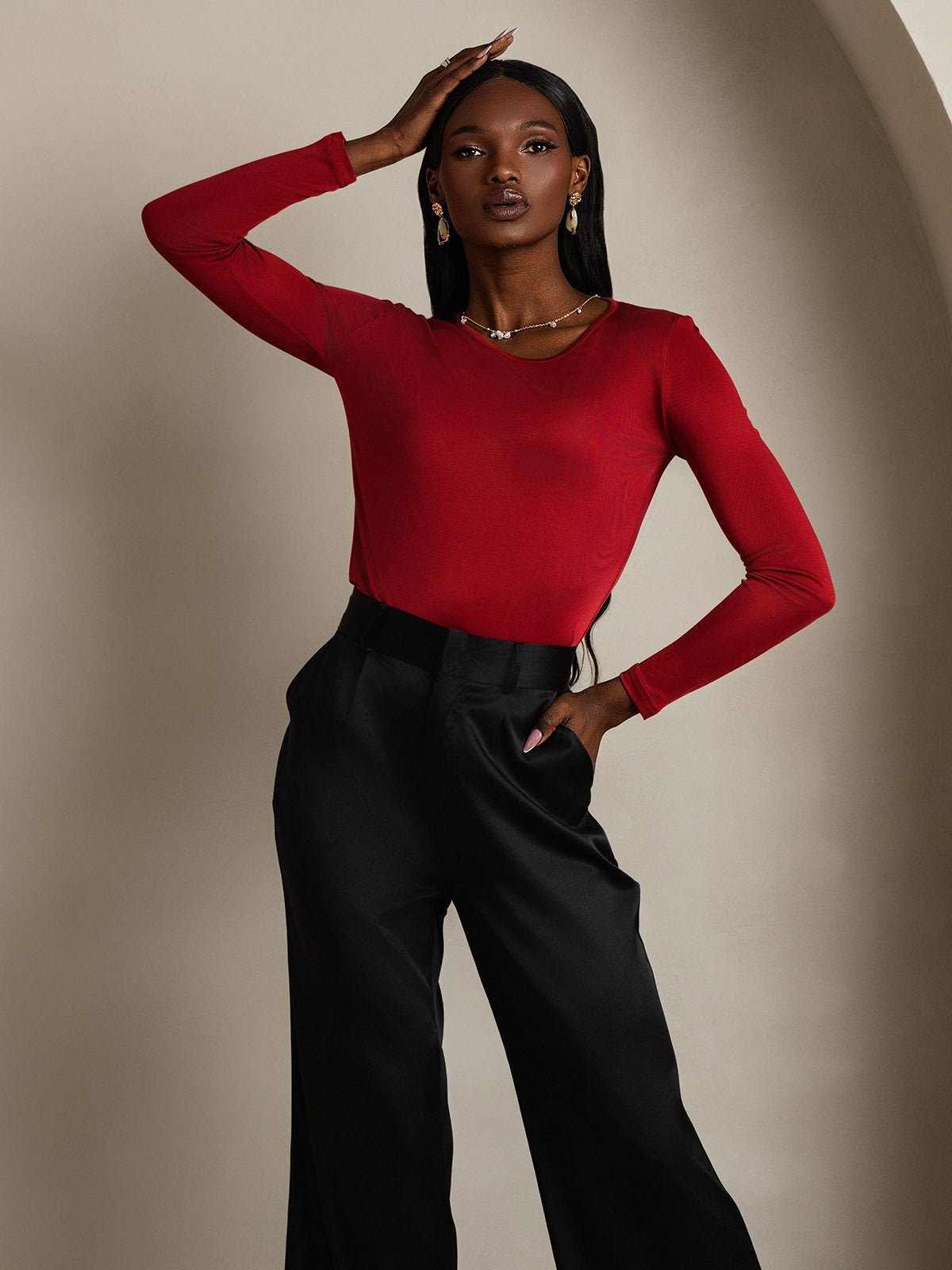 [Wine] SilkSilky Silk Long Sleeve Round Neck Women's T-Shirt 006