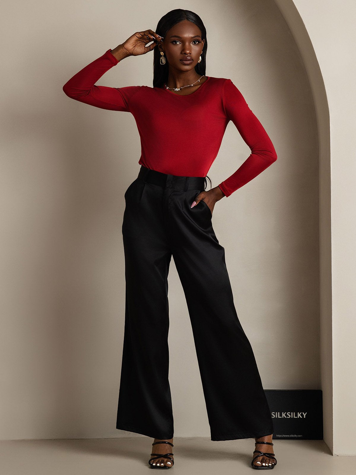 [Wine] SilkSilky Silk Long Sleeve Round Neck Women's T-Shirt 007