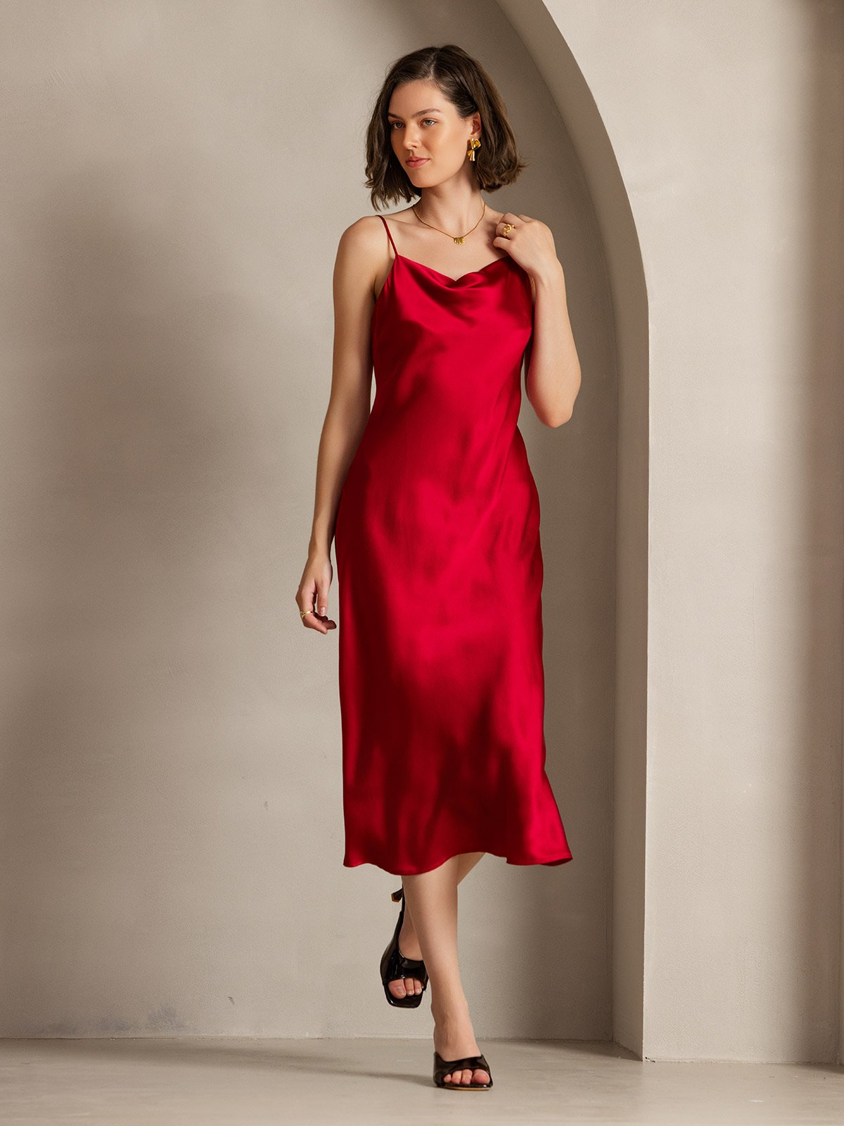 SilkSilky 100% Mulberry Silk Cowl Neck Midi Dress, Wine / M(8/10)