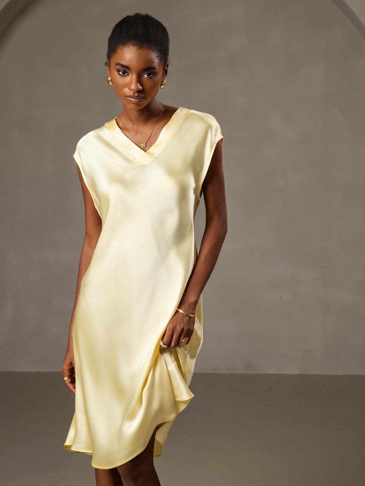 [Yellow] SilkSilky Pure Silk Sleeveless V Neck Dress 003
