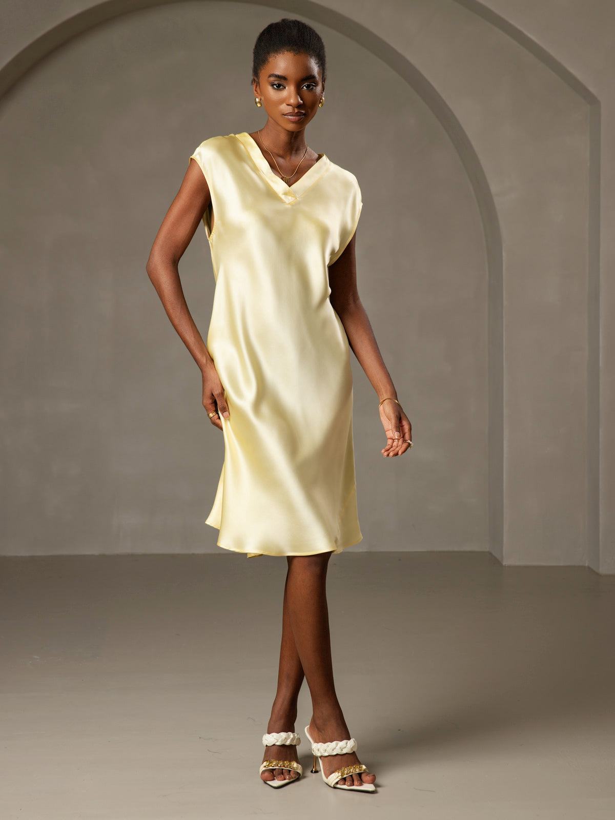 [Yellow] SilkSilky Pure Silk Sleeveless V Neck Dress 005
