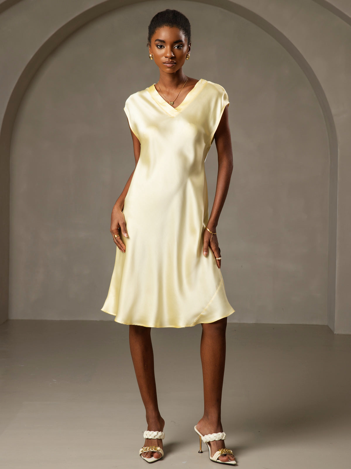 [Yellow] SilkSilky Pure Silk Sleeveless V Neck Dress 006