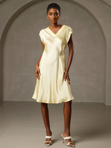 [Yellow] SilkSilky  Cap Sleeve V Neck Dress 006
