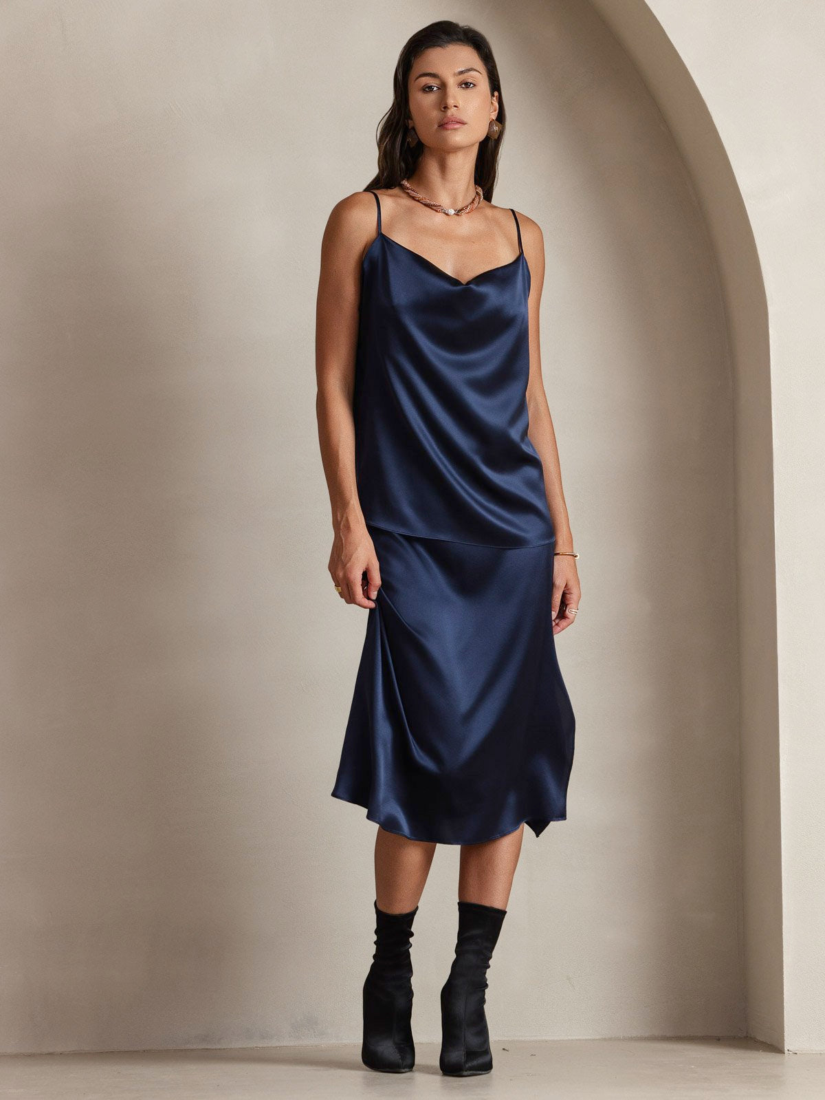 [Dark Blue] SilkSilky  19Momme Silk Cowl Neck Camisole Top 007