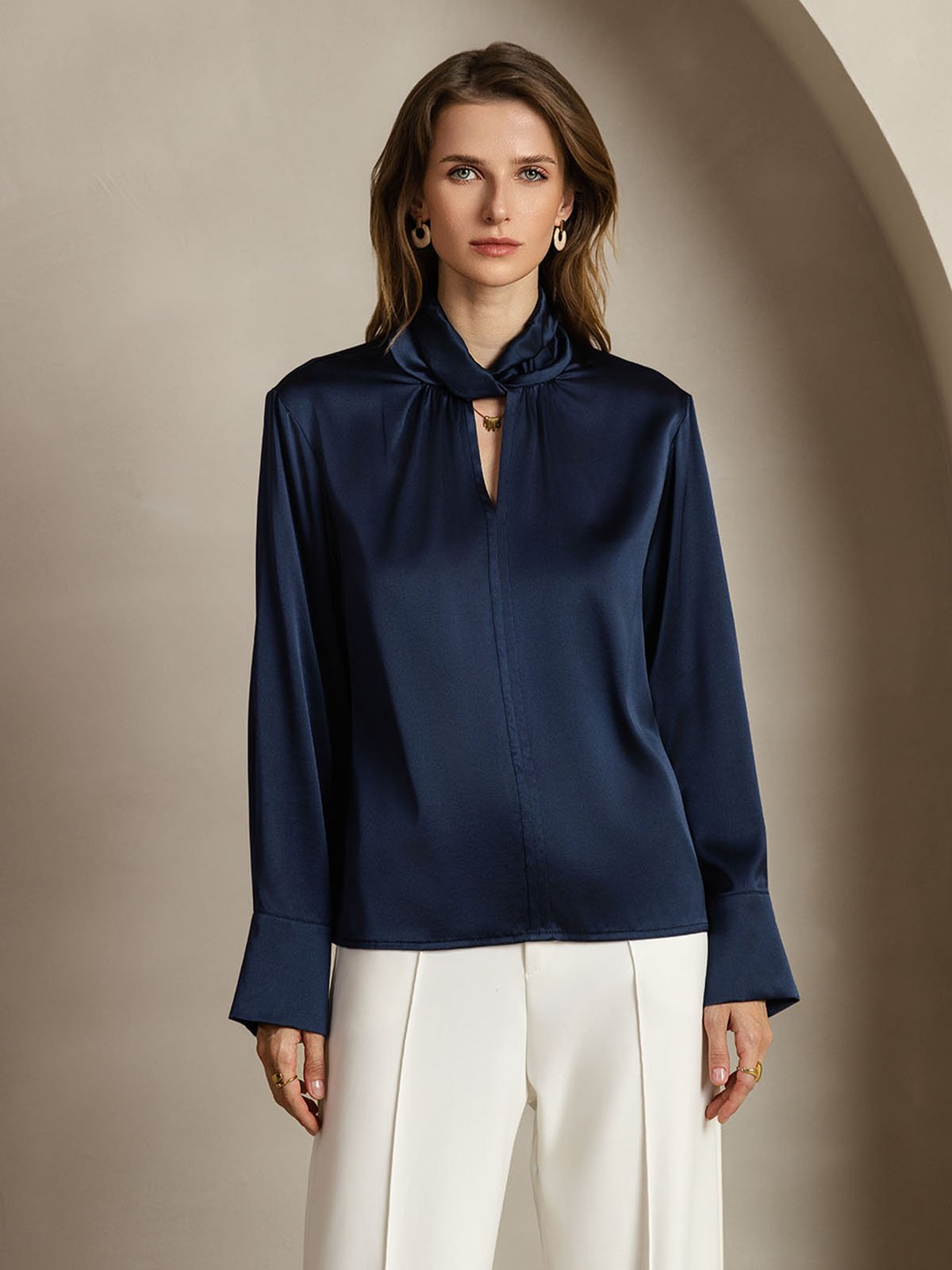 [DarkBlue] SilkSilky 19Momme Silk Keyhole Neck Women's Shirt 001