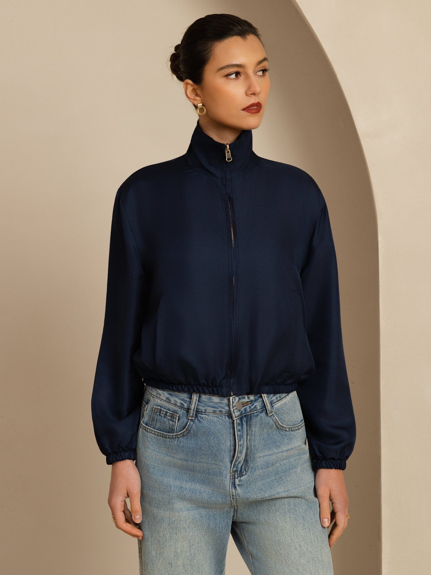 [Black+DarkBlue] SilkSilky  18Momme Silk Satin Surah Long Sleeve Stand Collar Women's Outerwear 004