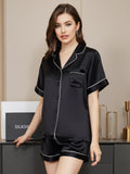 SilkSilky  22Momme Pure Silk Short Sleeve Lapel Women's Pajamas Black 004