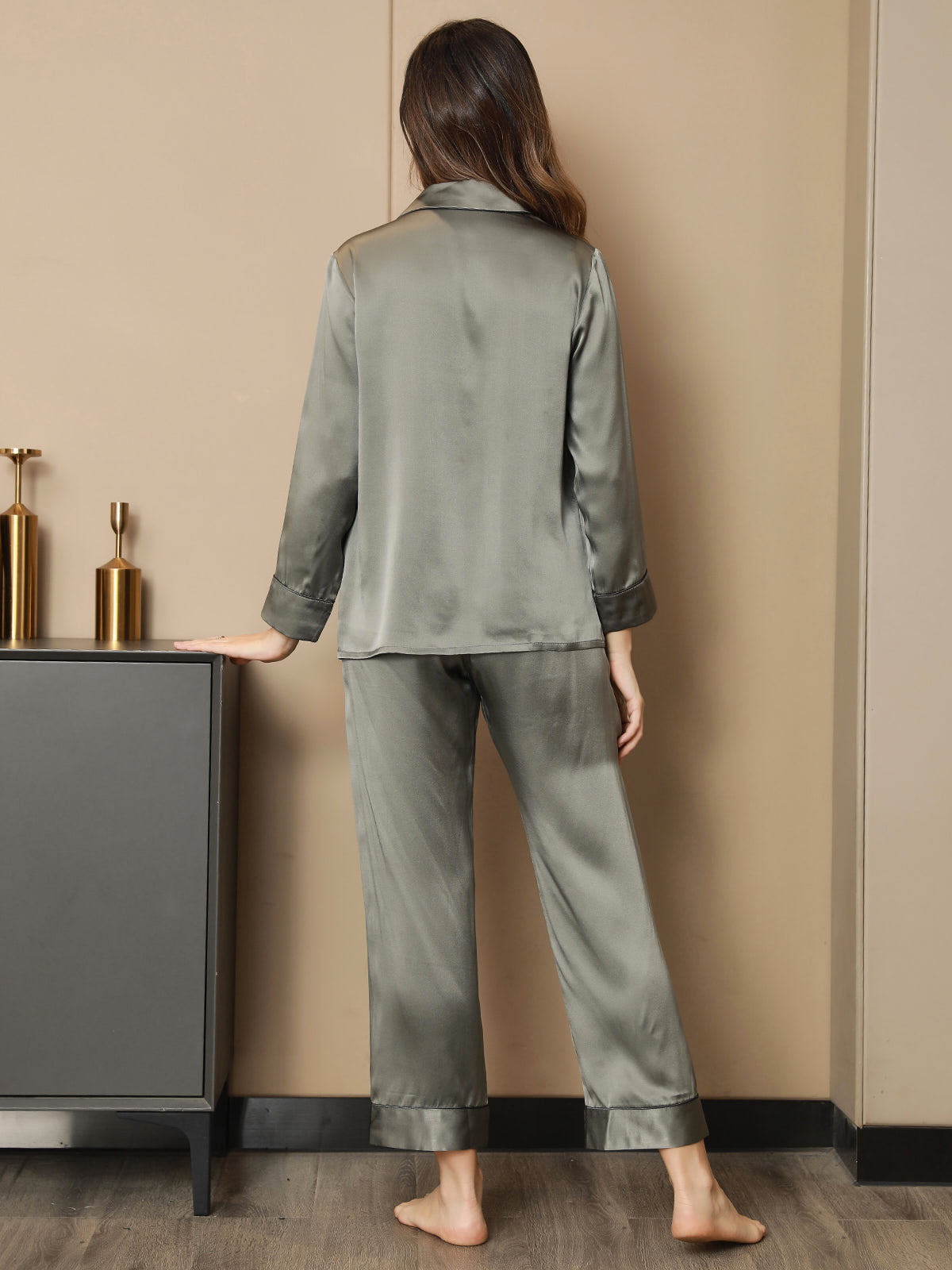 SilkSilky US Pure Silk Long Sleeve Lapel Women's Pajamas GrayishGreen 002