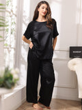 SilkSilky US Pure Silk Short Sleeve Round Neck Women's Pajamas Black 004