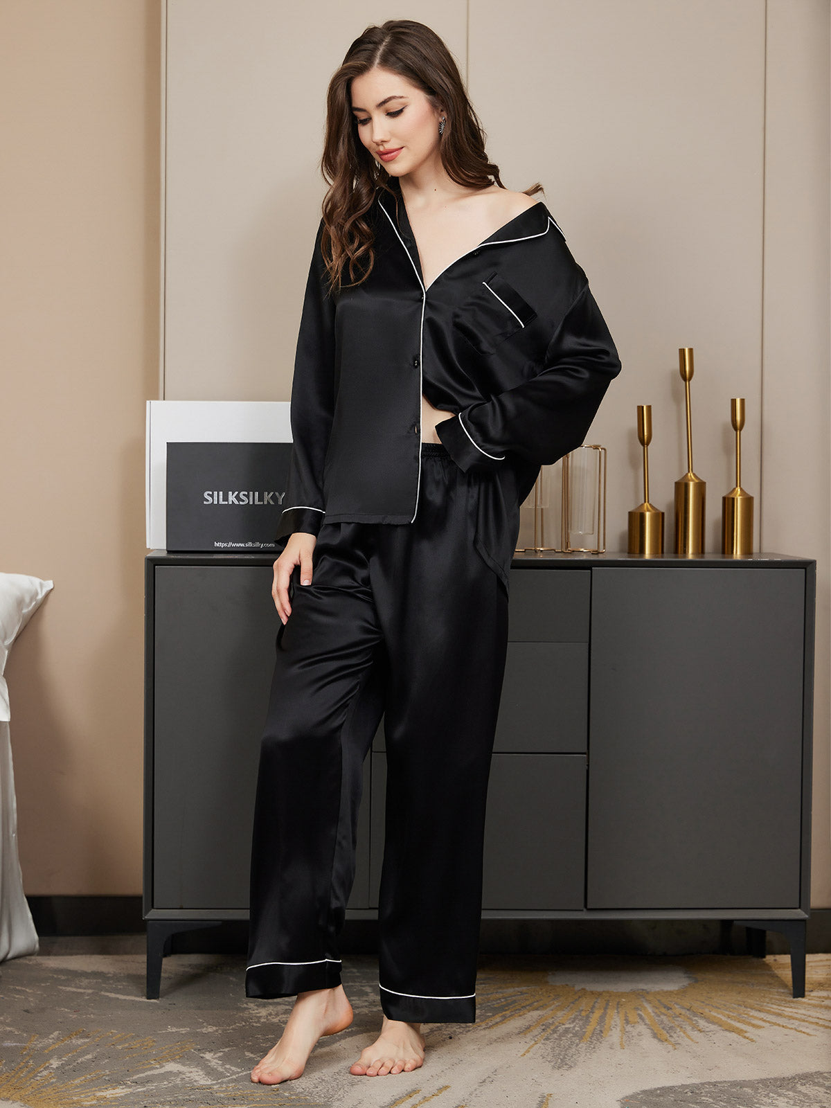 SilkSilky  Pure Silk Long Sleeve Lapel Women's Pajamas Black 004