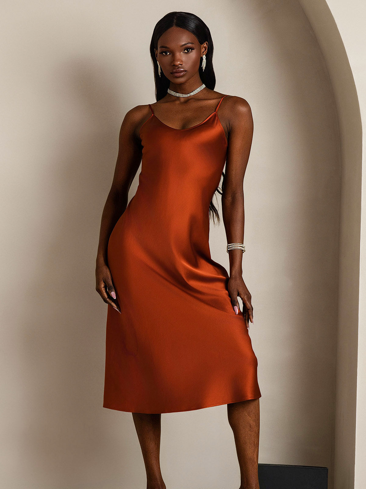 SilkSilky  Pure Silk Sleeveless Round Neck Dress Caramel 004