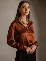 [Caramel] SilkSilky  Long Sleeve Lapel Collar Women's Shirt 003