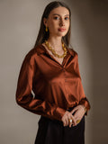 SilkSilky  Silk Blend Long Sleeve Collar Women's Shirt Coffee 004