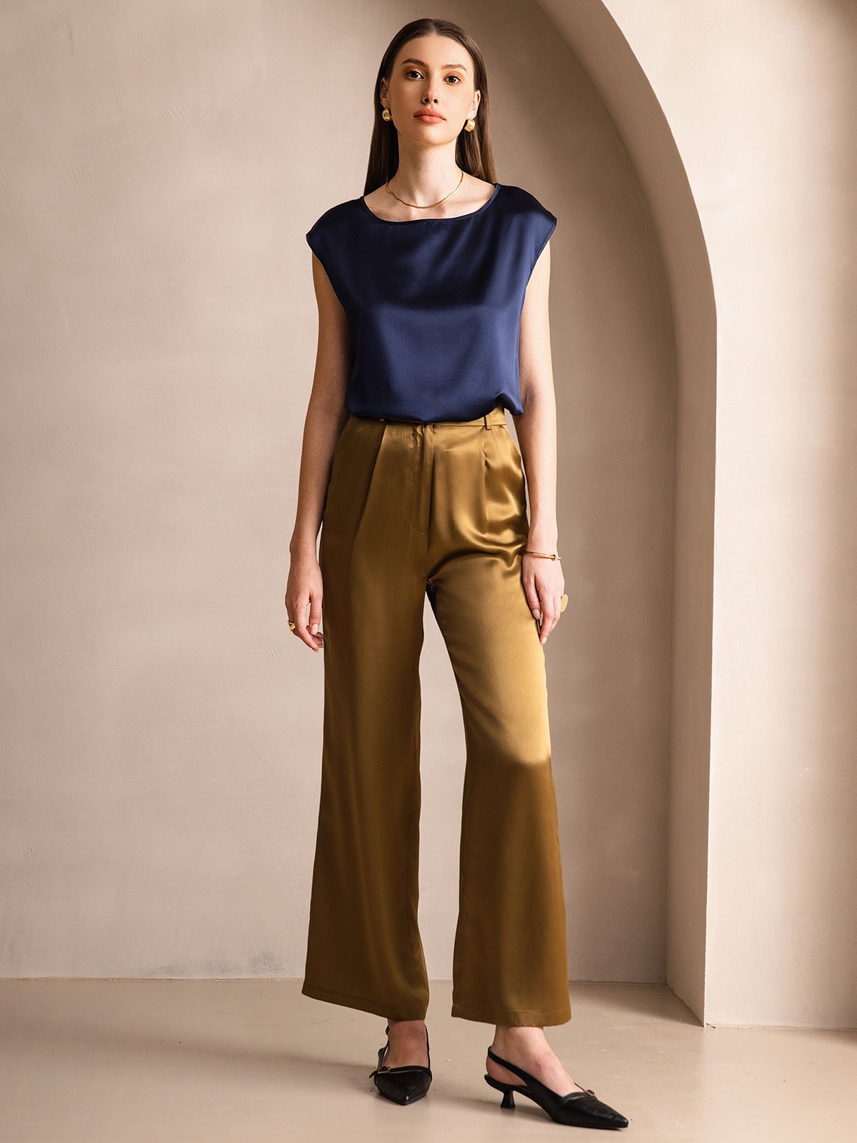 [Dark Blue] SilkSilky  19Momme Silk Round Neck Women's T-Shirt 004