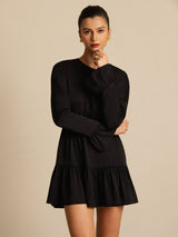 [Black] SilkSilky  19Momme Silk Long Sleeve Round Neck Dress 006