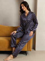 [Navy Chain] SilkSilky  Pure Silk Notch Collar Women's Pajamas 004,