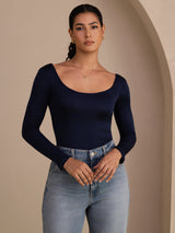 [Dark Blue] SilkSilky Long Sleeve U Neck Women's T-Shirt 003