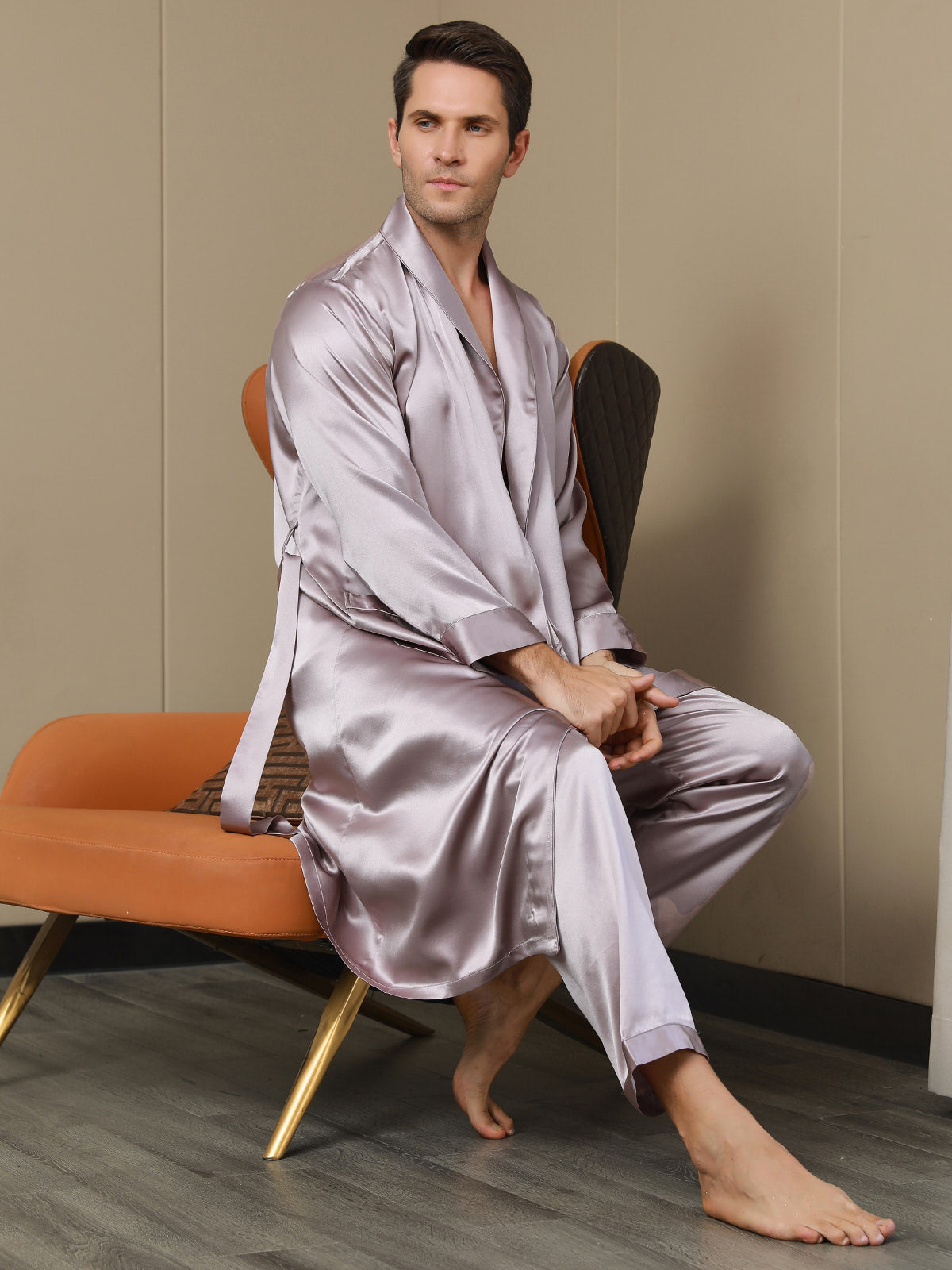 SilkSilky US Pure Silk Long Sleeve Lapel Men's Robe PaleMauve 003