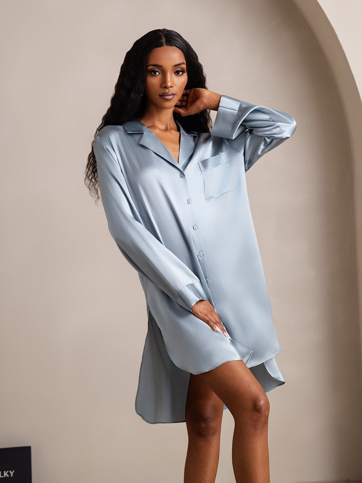 [GrayishBlue] SilkSilky Pure Silk Lapel Collar Nightgown 007