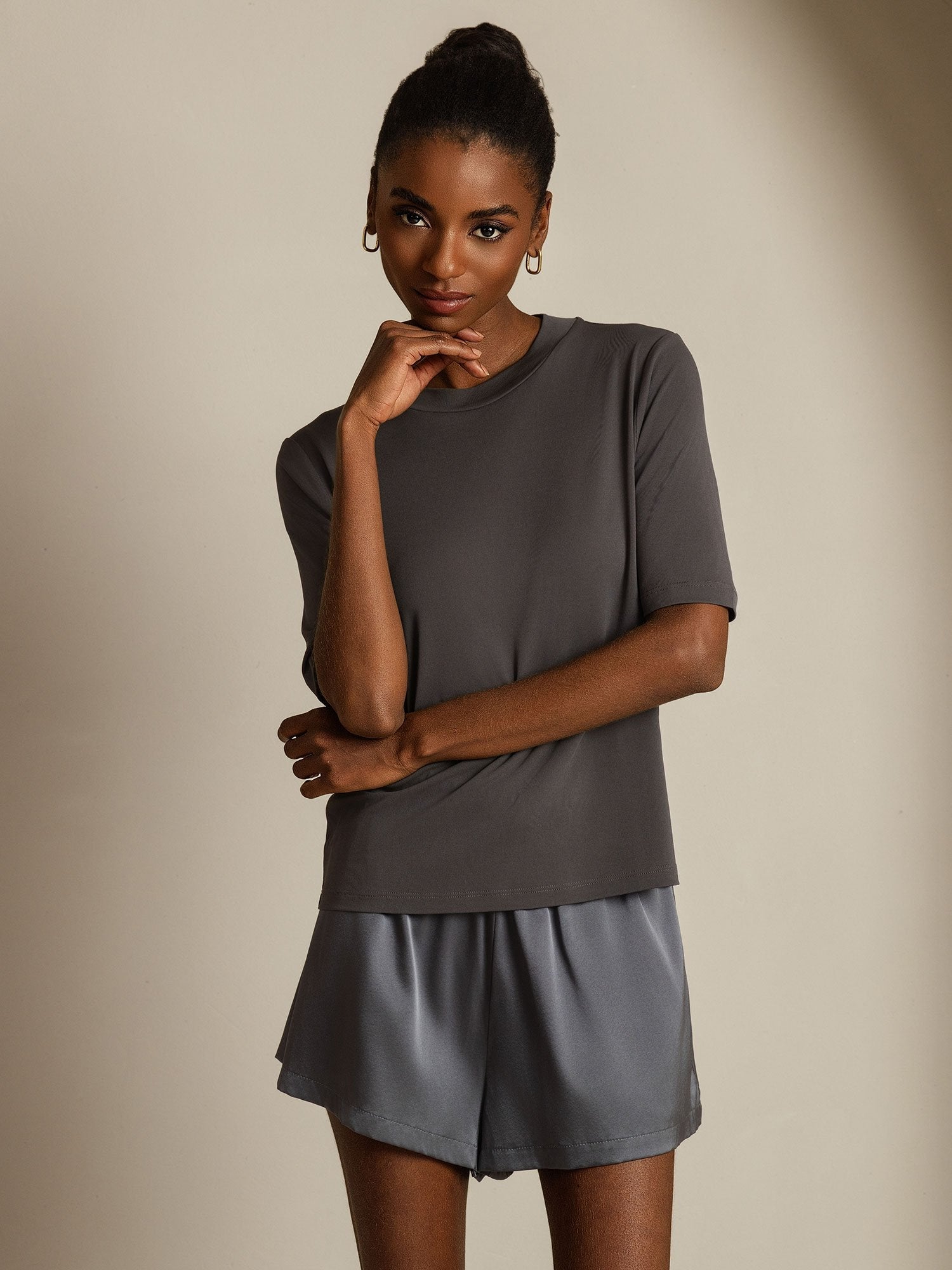 [Gray] SilkSilky  Pure Silk Round Neck Women's T-Shirt 005