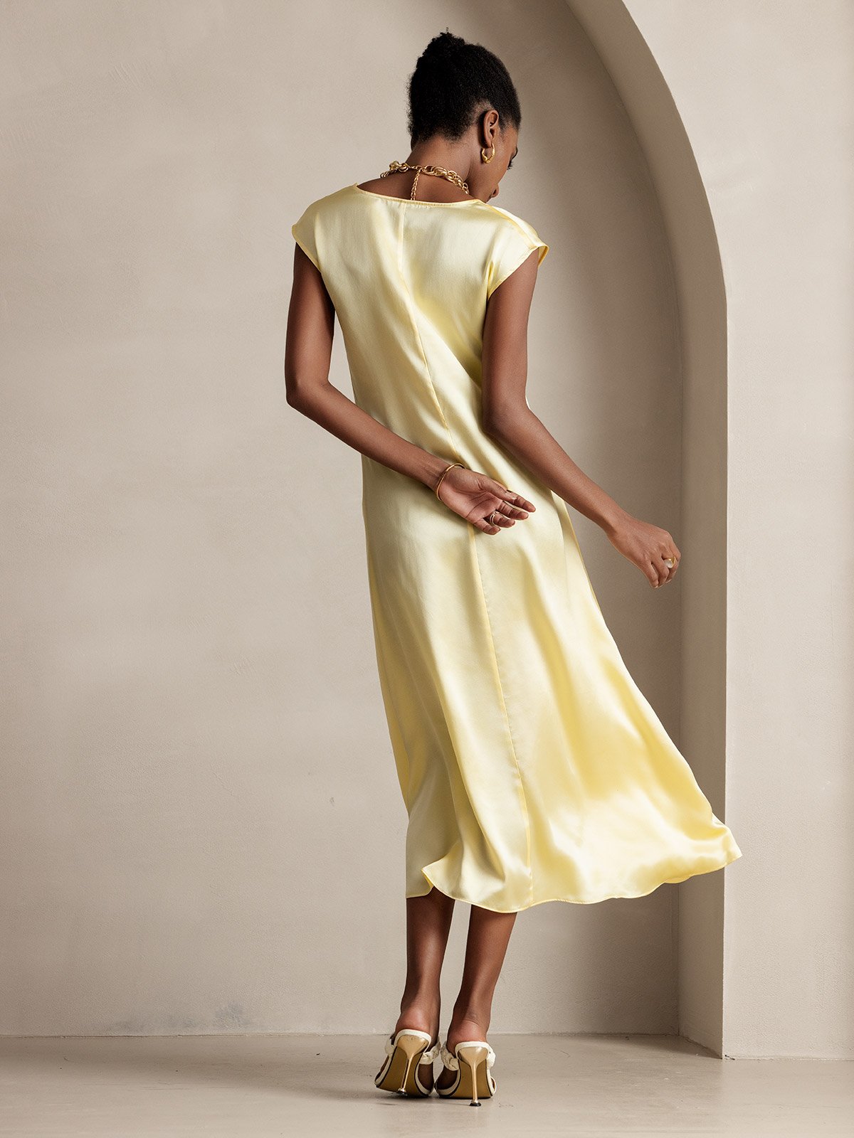 [Light Yellow] SilkSilky  Cap Sleeve Dress 002