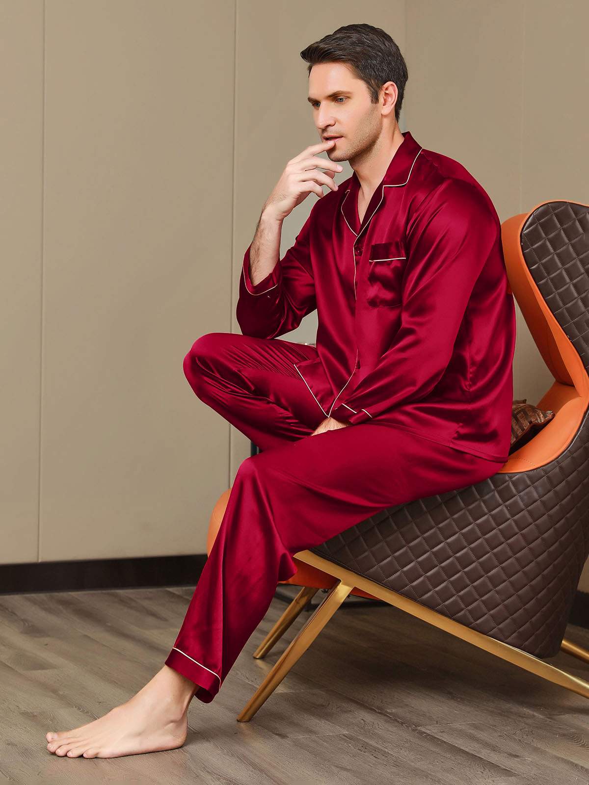 SilkSilky US Pure Silk Long Sleeve Lapel Men's Pajamas Wine 005