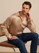 [Yellow Heart Geo] SilkSilky 19Momme Stretch Silk Charmeuse Long Sleeve Lapel Collar Men's Shirt 006