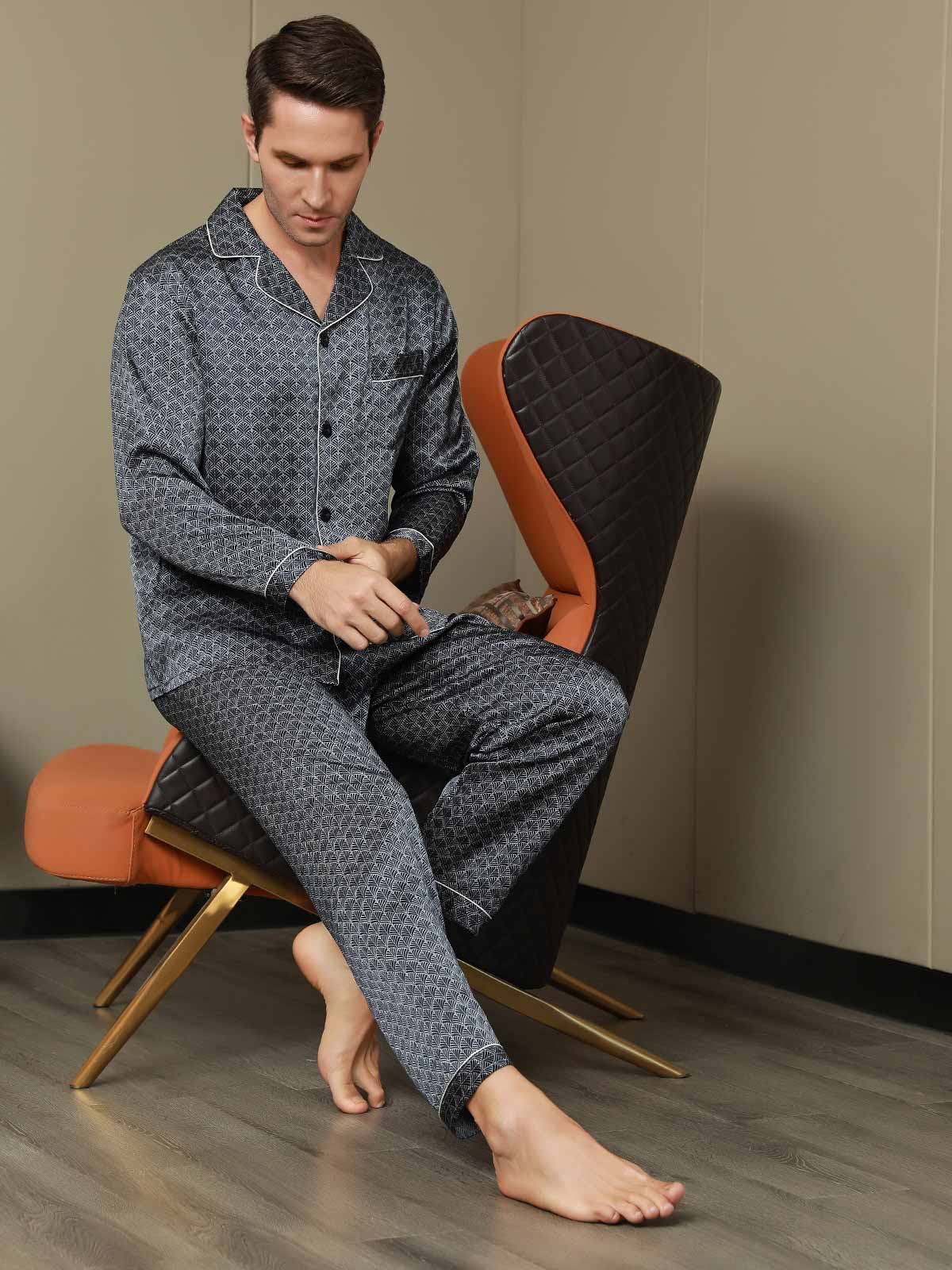 SilkSilky US 19Momme Pure Silk Long Sleeve Lapel Men's Pajamas DarkBlue 006