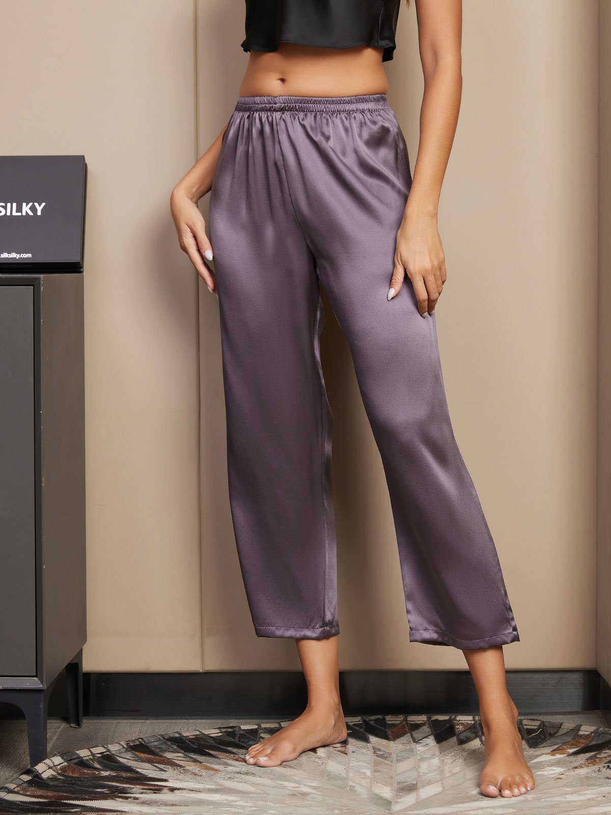 [Purple Gray] SilkSilky  Pure Silk Womens Sleep Bottoms 004