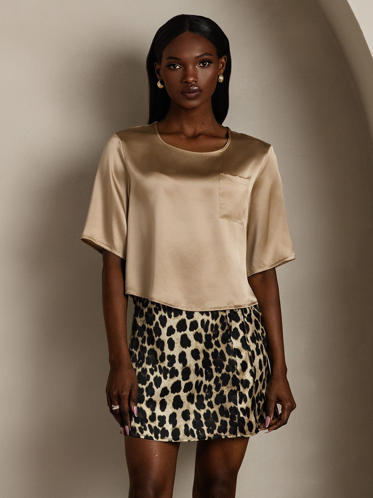 [Champagne] SilkSilky  Pure Silk Boat Neck Women's T-Shirt 005