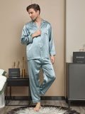 SilkSilky US 19Momme Pure Silk Long Sleeve Lapel Men's Pajamas LightBlue 004